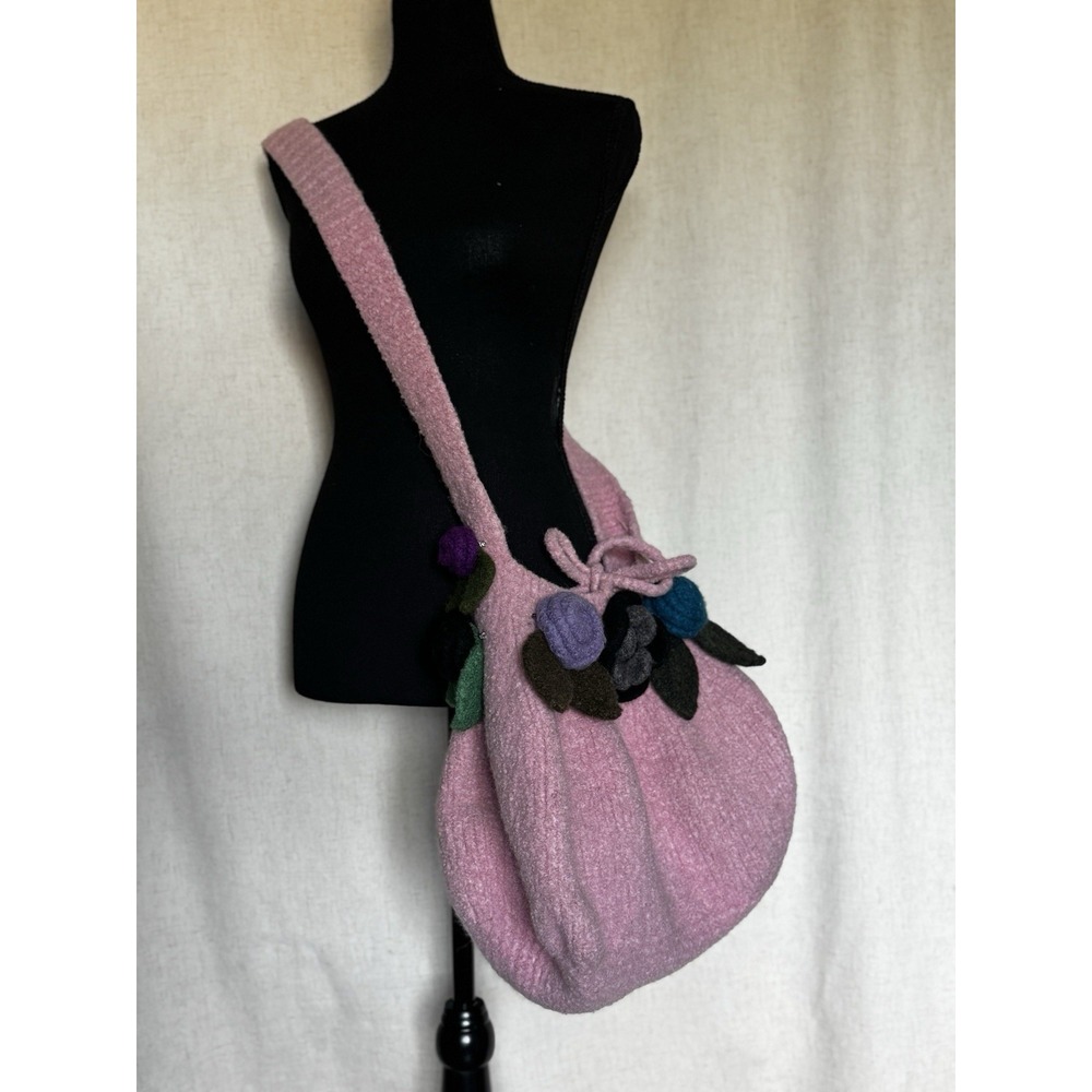 Pink Wool Felt Crossbody Bag Floral Appliqué Tote Boho Handmade Messenger Style